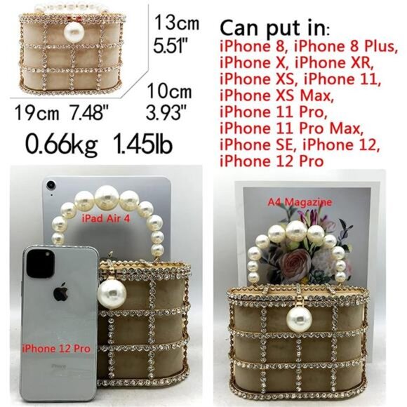 Evening Handbags with Pearl Rhinestones Wedding Bucket Totes Bags Party Clutch - Picture 2 of 7